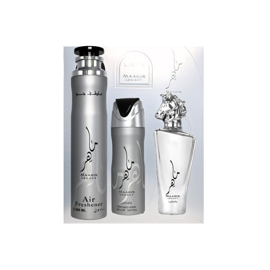 Lattafa Maahir Legacy Gift Set - Eau De Parfum 3.4FL.OZ, AirFreshener 300ML & Deodorant 200ML For Men