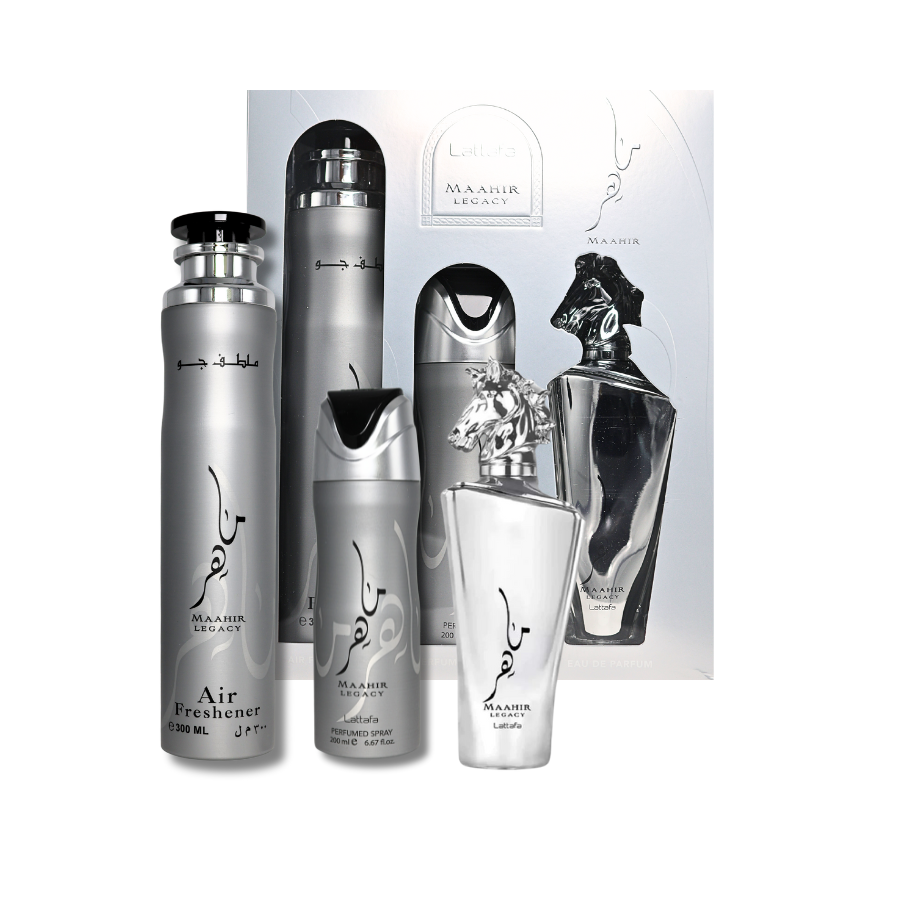 Lattafa Maahir Legacy Gift Set - Eau De Parfum 3.4FL.OZ, AirFreshener 300ML & Deodorant 200ML For Men