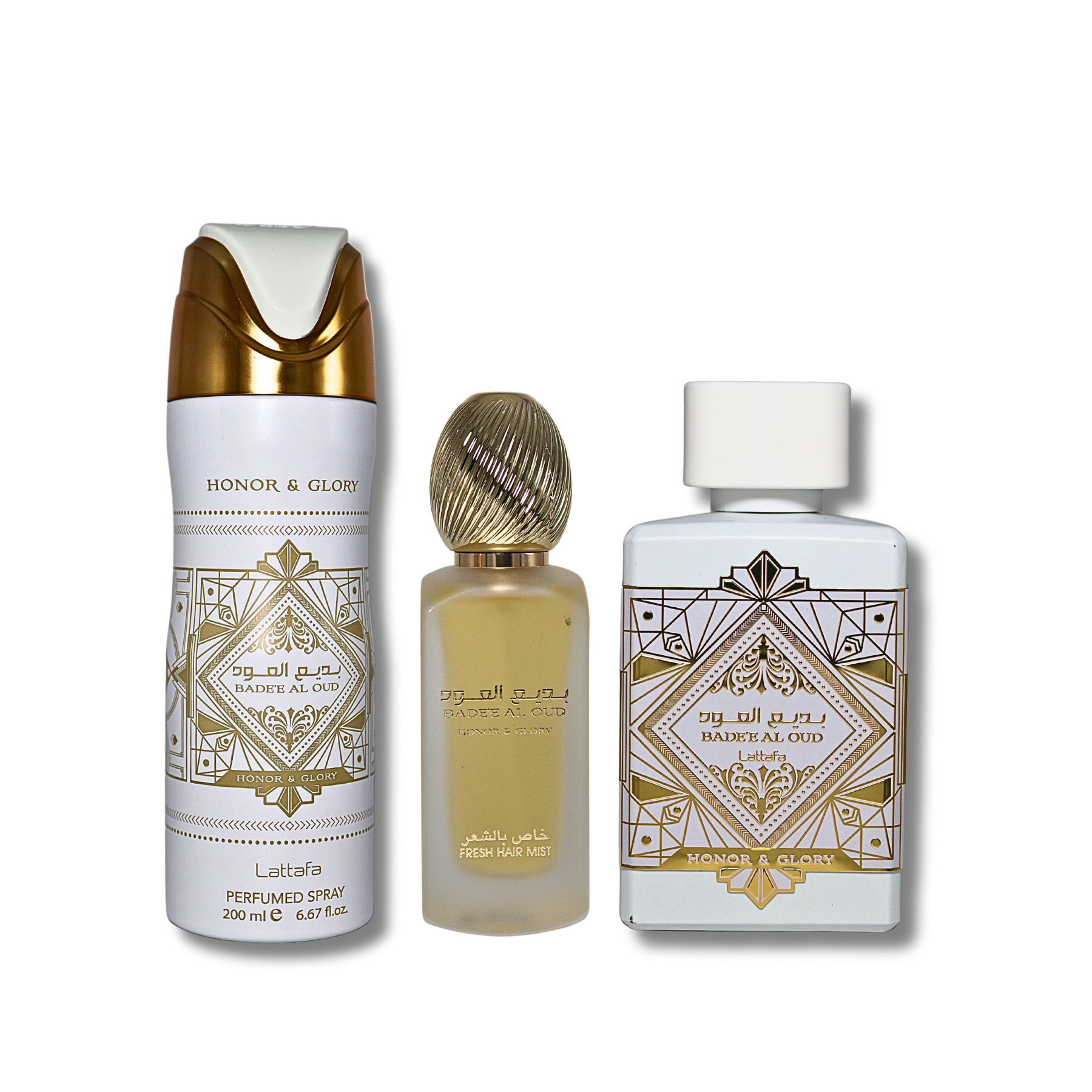 Lattafa Bade'e Al Oud 3 Piece Gift Set - Honor & Glory EDP 3.4FL.OZ, Pafummed Spray 6.67FL.OZ & Hair Mist For Unisex