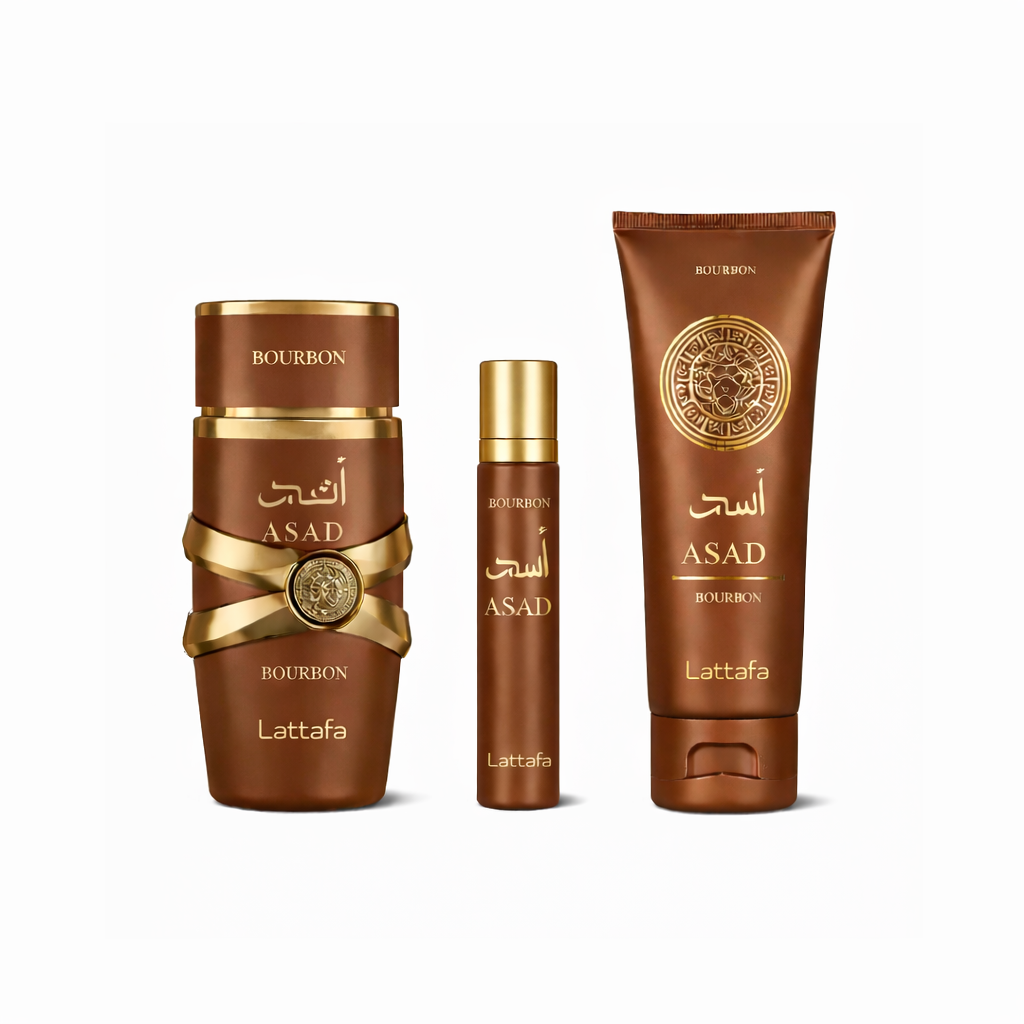 LATTAFA ASAD BOURBON 3 PCS GIFTSET WITH 100ML EDP + 12ML TRAVEL SPRAY + 100ML SHOWER GEL
