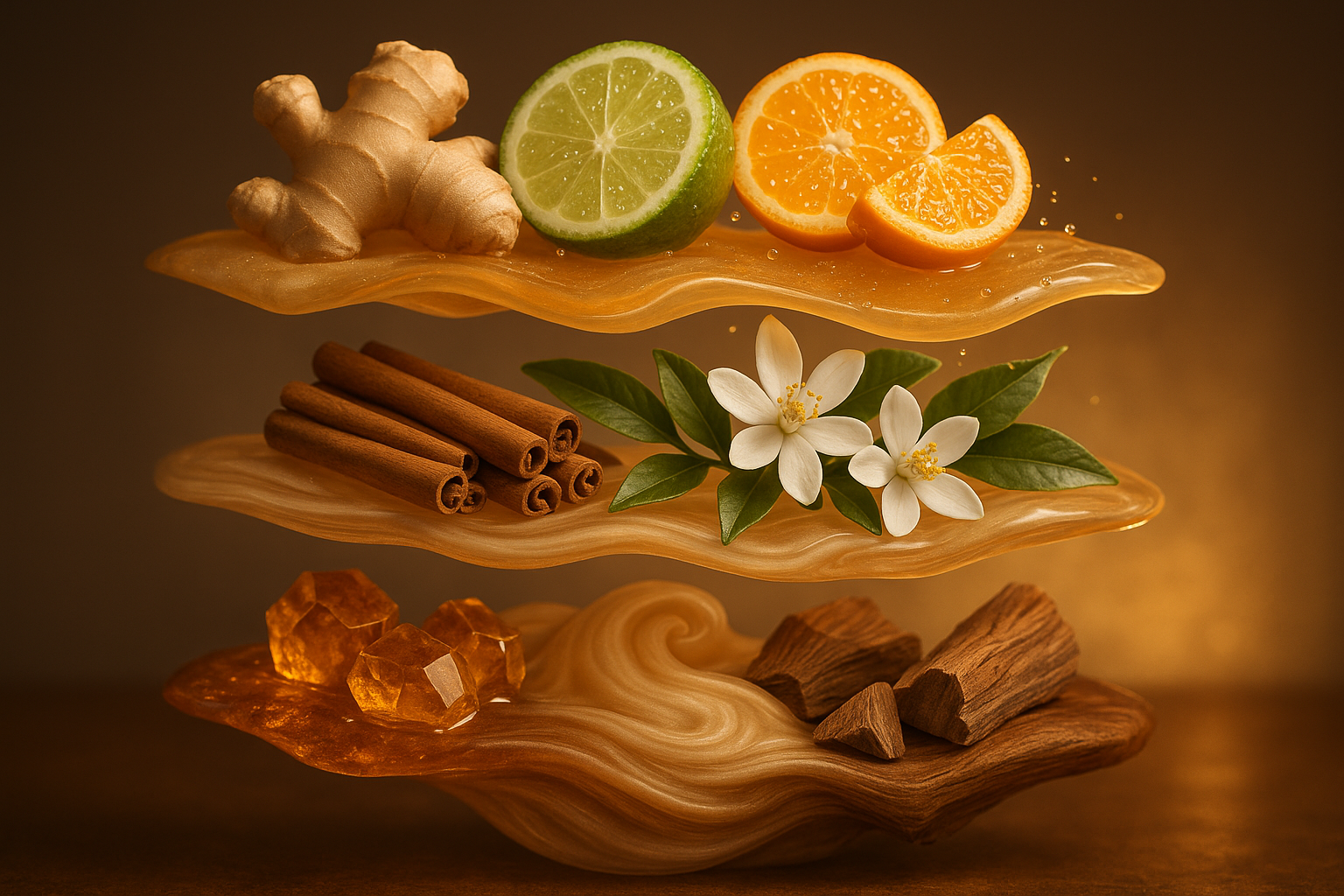 Top notes are Ginger, Bergamot and Tangerine; middle notes are Cinnamon, Green Tea and Neroli; base notes are Musk, Woodsy Notes and Amber.